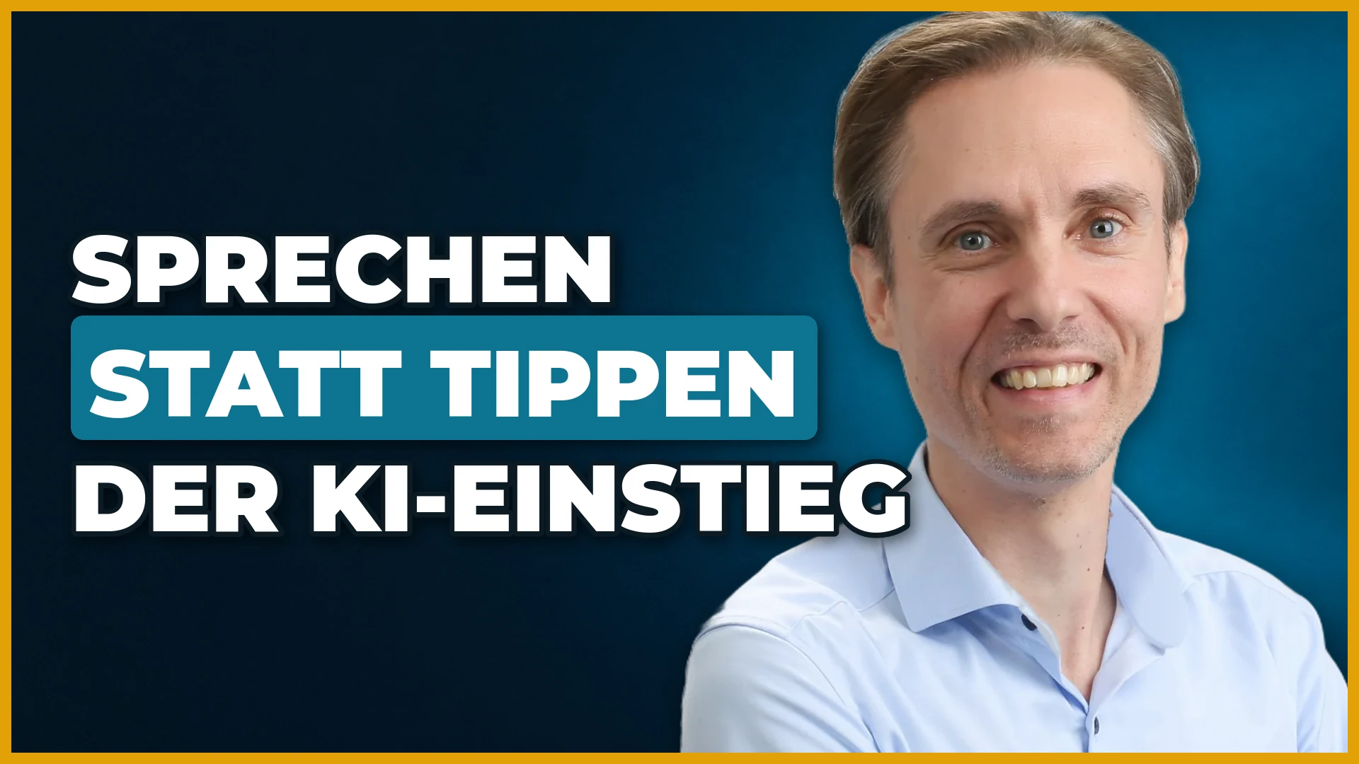Titelbild auf dunklem Blaugrau mit petrolfarbenem Lichtschein, Fadi Semmo rechts, links der Schriftzug Sprechen, Statt Tippen und Der KI-Einstieg