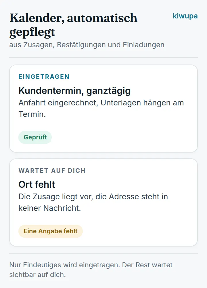Kalender mit automatisch eingetragenem Termin, ein weiterer wartet auf eine fehlende Angabe