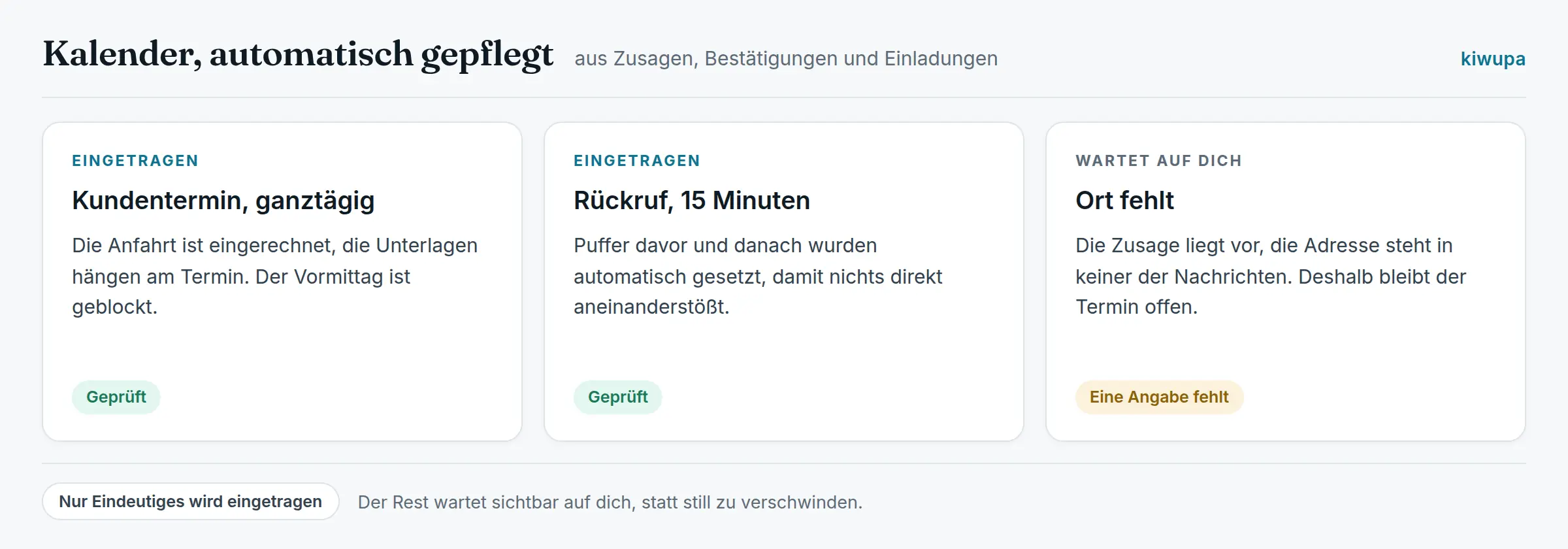 Kalender mit automatisch eingetragenen Terminen, ein Termin wartet noch auf eine fehlende Angabe