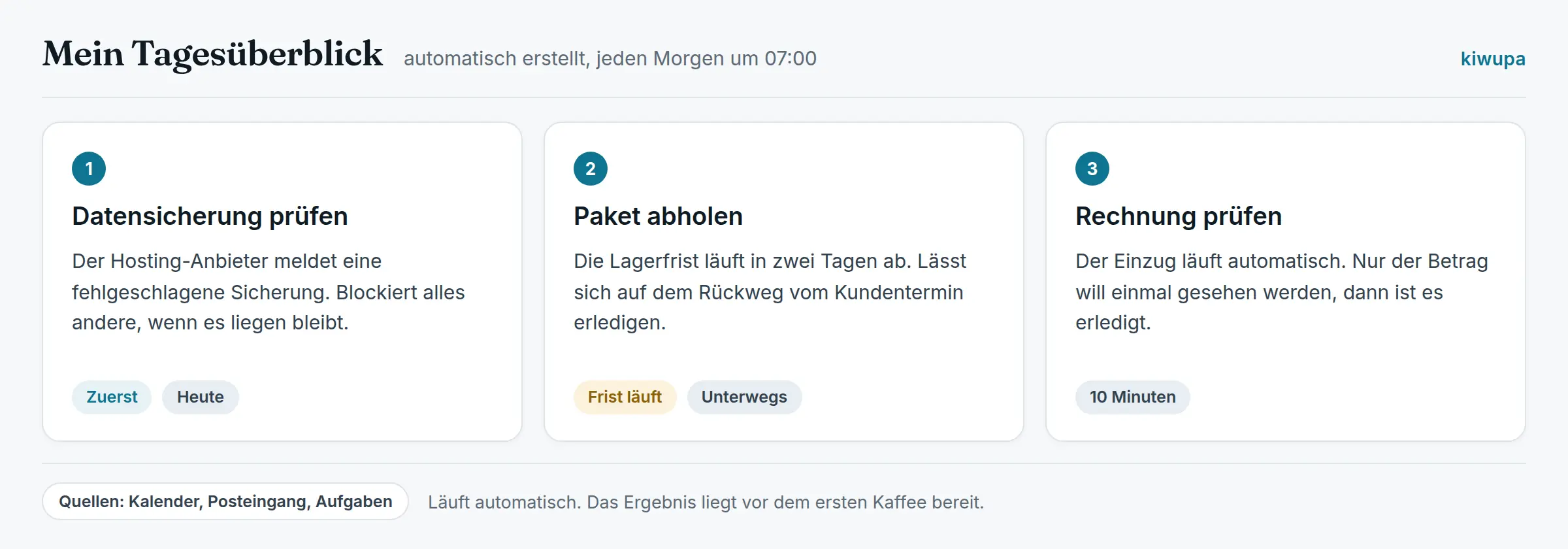 Tagesueberblick mit den drei wichtigsten Aufgaben des Tages, automatisch aus Kalender, Posteingang und Aufgabenliste erstellt